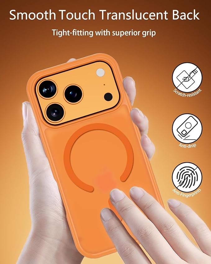 for iPhone 17 Pro Max Case Compatible with MagSafe,Includes Tempered Glass Screen & Lens Protectors,Matte Translucent Anti-Fingerprint,Military-Grade Shockproof Orange Cover