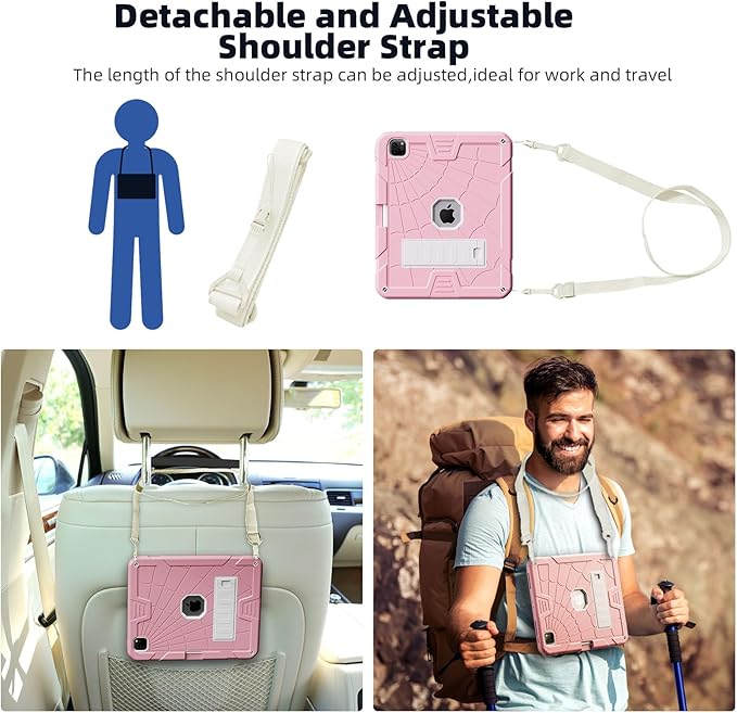 TSQQST Case for iPad Pro 12.9 Inch 6th/5th/4th/3rd Generation 2022/2021/2020/2018 for Kids Girls, Full Body Shockprof Rugged Protection Case Cover with Stand +Pencil Holder+ Shoulder Strap | Pink