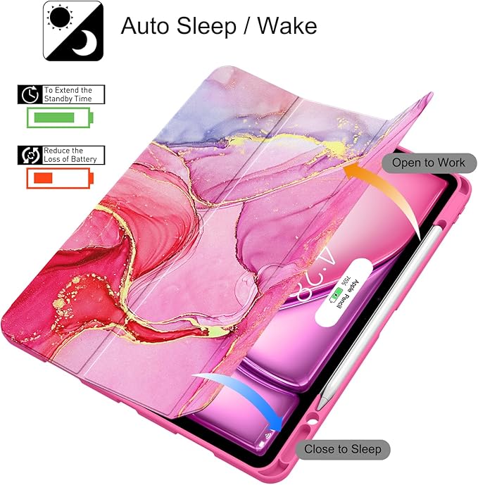 Soke Case for iPad Air 13 Inch (M4/M3/M2,2026-2024), iPad Pro 12.9" 6th/5th Generation with Pencil Holder(2021 2022 Release)-[Apple Pencil Charging + Auto Wake/Sleep] Soft Back Cover, Hot Pink Marble