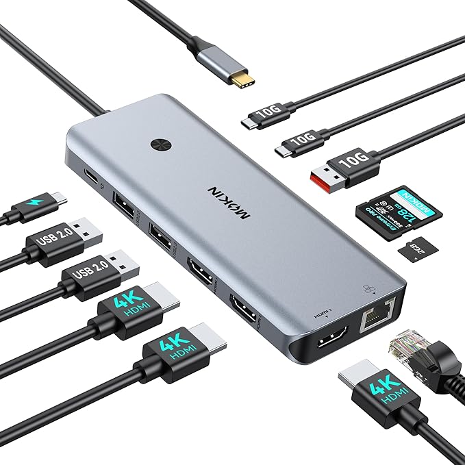 MOKiN 12-in-1 USB C Docking Station, 3 HDMI 4K@60Hz Triple Display Hub with 100W PD, 10Gbps USB-C/A Port, Gigabit Ethernet, SD/microSD Card Reader, Screen Control Button for Laptop Windows