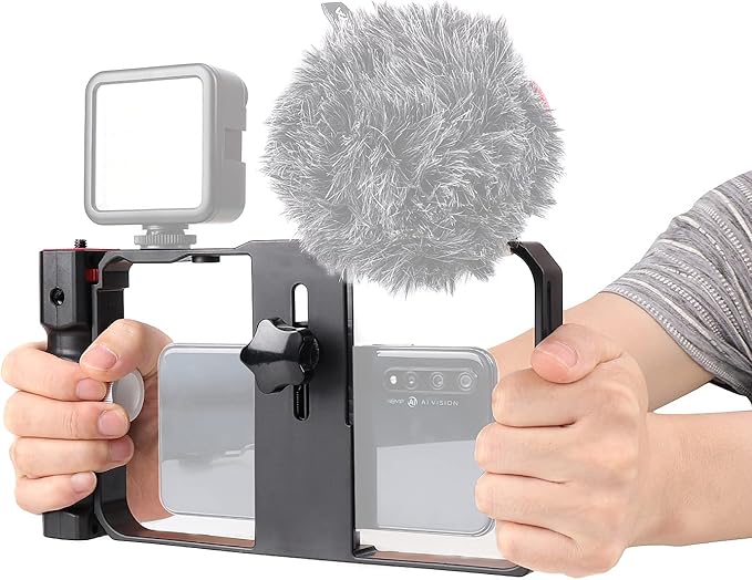 FocusFoto Pro Smartphone Video Rig Filmmaking Recording Vlogging Handheld Cage Handle Grip Stabilizer with Triple Cold Shoe Mount, fit for iPhone 12 Pro Max XS X 8 7 6 Plus OnePlus Samsung