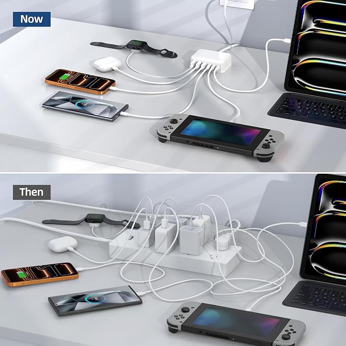 Updated USB C Fast Charger Block, 100W GaN 6 Port PD USB C QC USB A Wall Charger Adapter Plug Cube, Type C Charging Station Hub for iPhone 17 16 15 14 13 Pro Max iPad Samsung Pixel 5ft Extension Cord