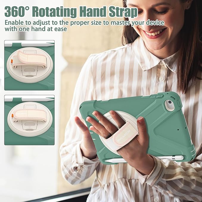BRAECNstock for Apple iPad mini 5th/ 4th Generation Case 7.9" 2019/2015, Shockproof Protective with Pen Holder, Rotating Hand Strap & Stand, Shoulder Strap, Case for iPad mini 5/4, Emerald Green