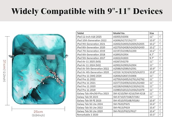 TiMOVO 9-11 Inch Tablet Sleeve Bag with Shoulder Strap for iPad 11-inch A16 2025, iPad 10th Gen. 10.9"/10.2", Galaxy Tab A9+/A11Plus 11", Cloud Peacock Blue