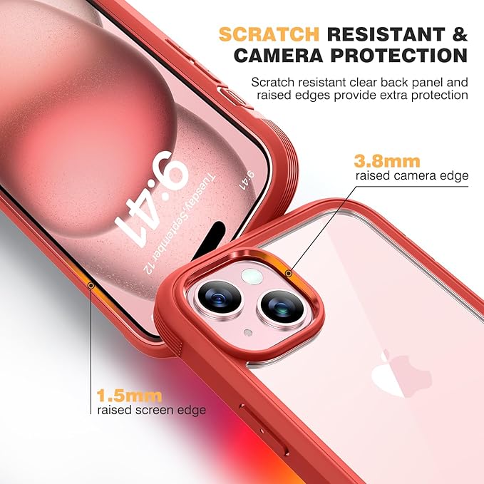 Diaclara Designed for iPhone 15 Case, Full Body Rugged Case with Built-in Touch Sensitive Anti-Scratch Screen Protector, with Camera Lens Protector for iPhone 15 6.1" (Red)