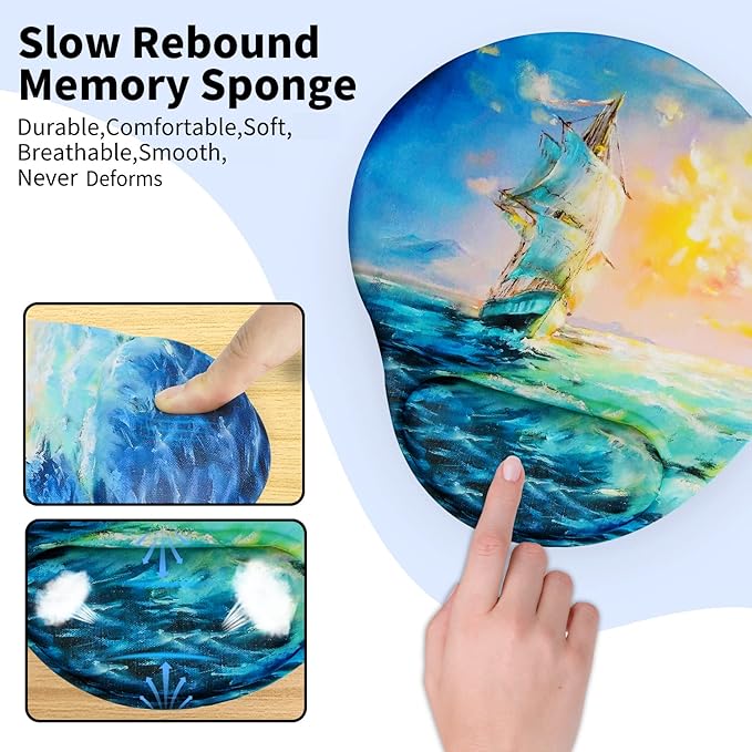 Ergonomic Mouse Pad with Wrist Support,Cute Mouse Pads with Wrist Rest,Comfortable Mouse Pad for Home Office Gaming Working Computers Laptop,Pain Relief with Non-Slip PU Base (Sailboat)