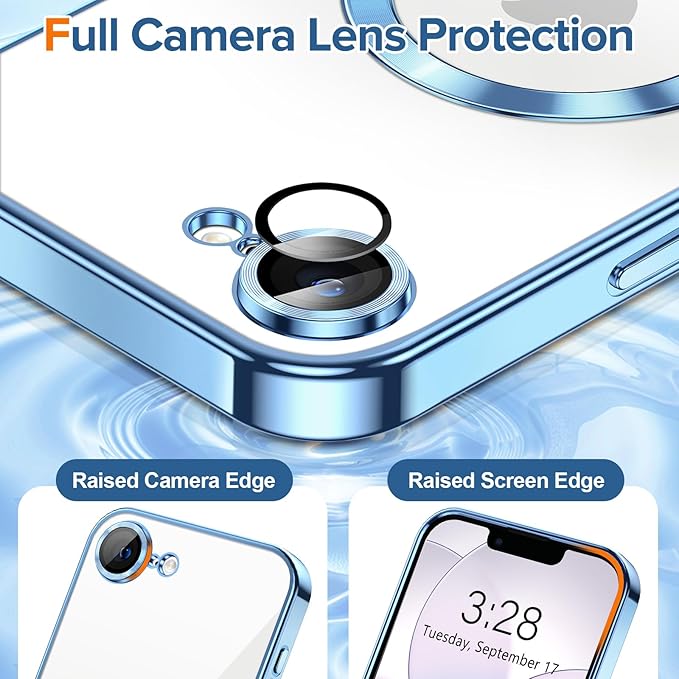 Hython Magnetic Clear for iPhone 17e Case with Camera Lens Protector [Compatible with MagSafe] Luxury Plating Edge Slim Soft TPU Cover Protective Phone Case for iPhone 17e 6.1", Light Blue