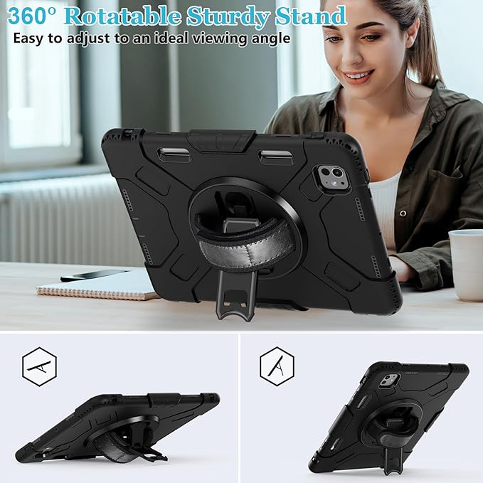 Case for iPad Pro 11 M5 2025/ M4 2024: Protective Cover for iPad Pro 11 Inch 5th Generation with Screen Protector- Stand- Handle- Shoulder Strap- Pencil Holder- Black+Black