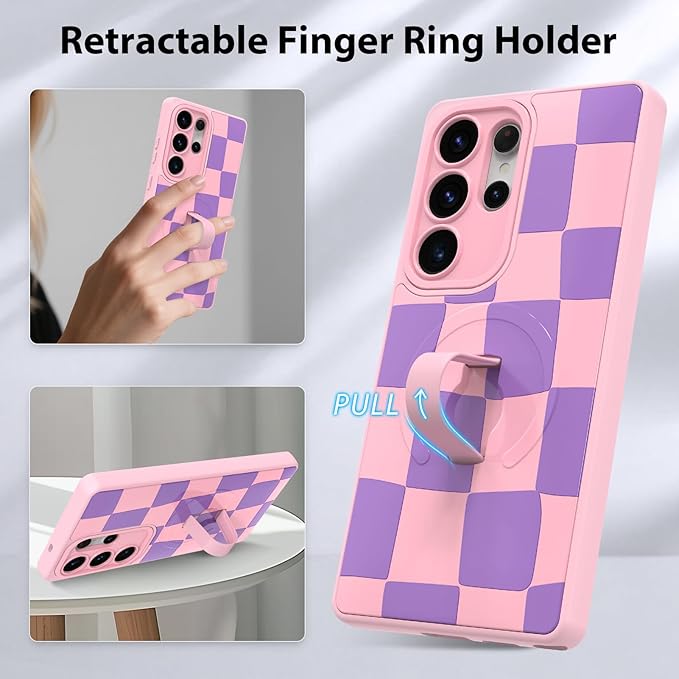 KANGHAR Compatible with Samsung Galaxy S25 Ultra Case, Support for MagSafe, Silicone Checkered Cute Pattern, Wristband Kickstand Camera Protection Soft Slim Cover for Girls Women -Pink