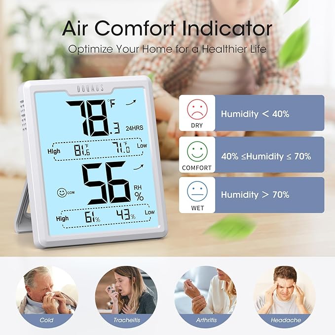 DOQAUS Digital Hygrometer Room Thermometer Indoor, Humidity Meter with Large LCD Display, Backlight Temperature Humidity Monitor with Max Min Records, White