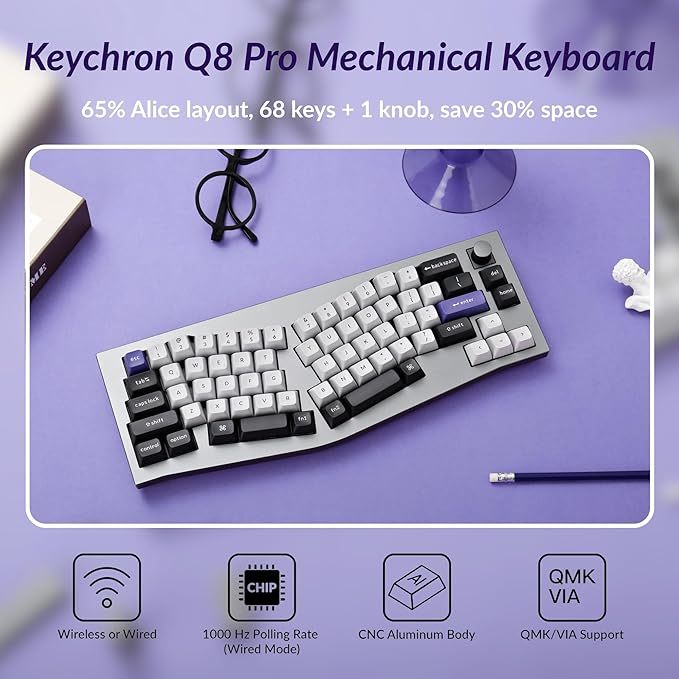 Keychron Q8 Pro Full-Metal Wireless Custom Mechanical Keyboard, 65% Alice Layout Bluetooth/Wired, QMK/VIA, Hot Swappable, 1000 Hz Polling Rate, RGB Backlit for Mac Windows Linux-Grey