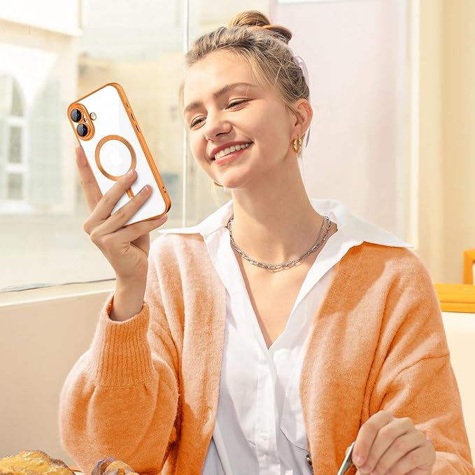 Hython Magnetic Clear for iPhone 16 Case with Camera Lens Protector [Compatible with MagSafe] Luxury Plating Edge Slim Soft TPU Cover Protective Phone Case for iPhone 16 6.1", Matte Orange