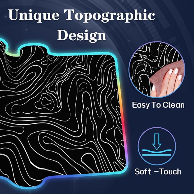 UJoowalk RGB Gaming Mouse Pad, Topographic Large, LED XL Keyboard and Mouse Pad, Desk Mat, 31.5 x 11.8 in, Black Minimalist Line Desk Pad