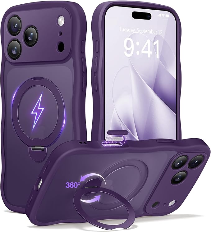 CAPRARO for iPhone 17 Pro Case with 360° Spin Magnetic Stand for Women, [Compatible with MagSafe] [Full Camera Protection] Cute Wave Translucent Matte Case for iPhone 17 Pro, Deep Purple