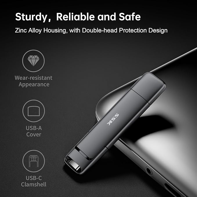 SSK External USB C SSD Flash Drive 512GB, Up to 550MB/s 2-in-1 Type C+ USB A USB3.2 Gen2 Solid State Thumb Drive, Memory Stick Data Storage for iPhone 15/PS4/PS5/Android Phone/Windows/Mac