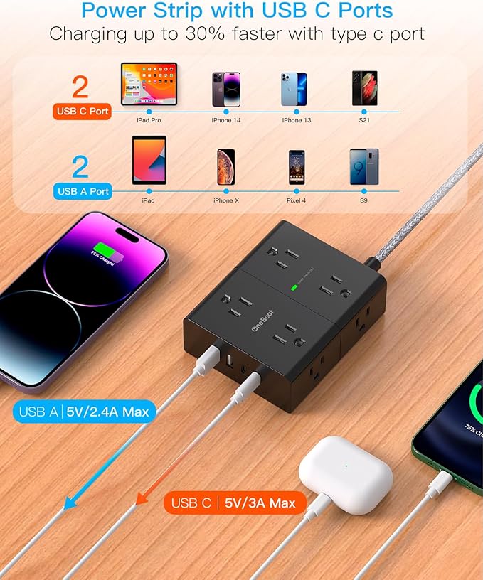 Surge Protector Power Strip 25 Ft Cord, Ultra Thin Flat Extension Cord with 8 Outlets 4 USB Ports(2 USB C), Flat Plug Power Strip, 25 Ft Long Braided Power Cord for College Dorm Room Essentials-BK