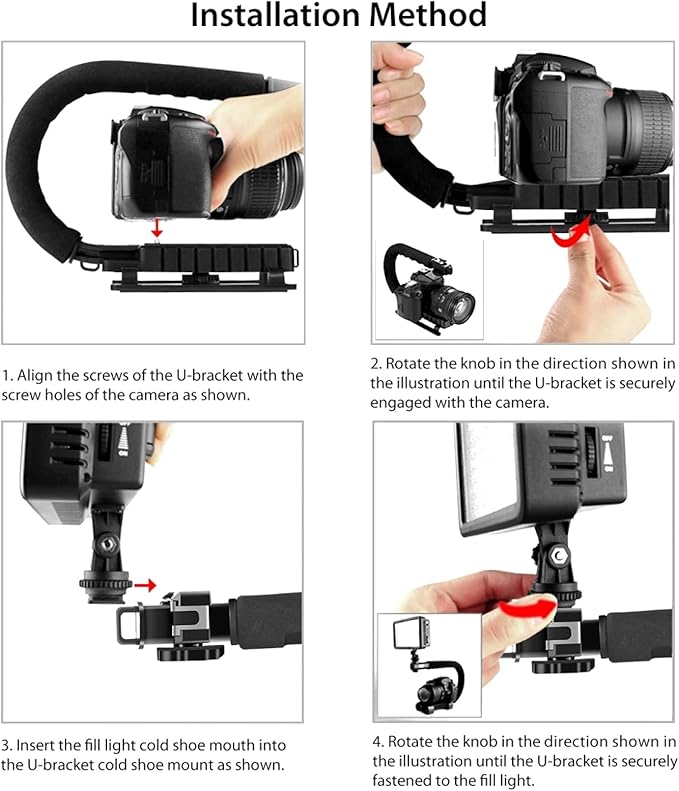 PULUZ U/C Shape Portable Handheld Bracket Stabilizer Kits Handle Grip + LED Studio Light + Video Microphone Kit with Cold Shoe Tripod Head for All SLR Cameras and Home DV Camera Smartphones