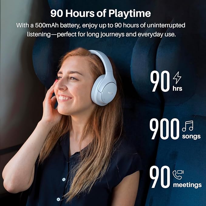 TOZO HT3 Hybrid Noise Cancelling Headphones, 90H Battery Life Wireless Over Ear Bluetooth 6.0 Foldable Headset, AI Voice Assistant with 5 Mics, Connect 2 Devices & Hi-Res Sound, 32 Audio EQ, with Case