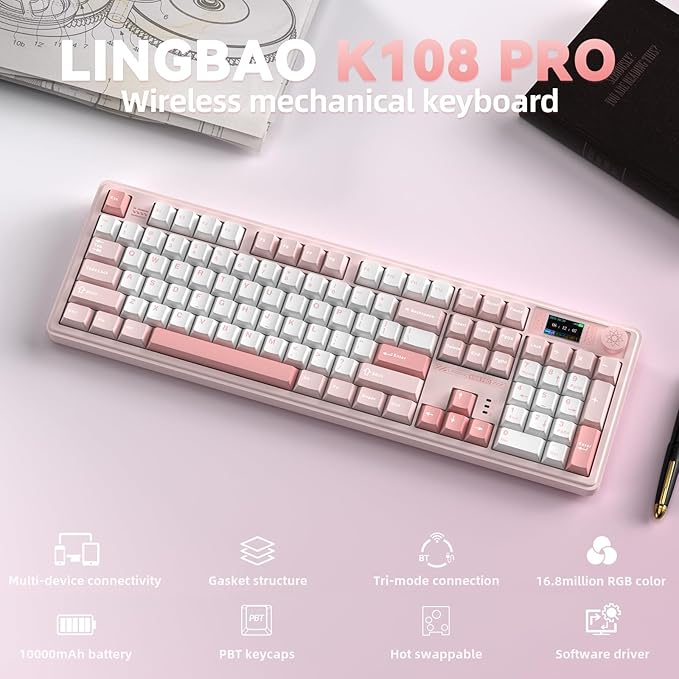 LINGBAO K108 Pro Wireless Mechanical Keyboard with Screen & Knob, Full Size Creamy Keyboard with Number Pad, 10000mAh Battery, PBT Keycaps, RGB Backlit, Hot-swappable Pink Gaming Keyboard for PC/Mac