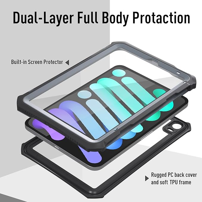 AICase iPad mini 7 A17 Pro Case Water Proof 2024 iPad mini 6 2021 (6th Generation) 8.3 Inch Waterproof, Dustproof, Shockproof Case Cover with 360 Full-Body Protection, with Lanyard and Kickstand