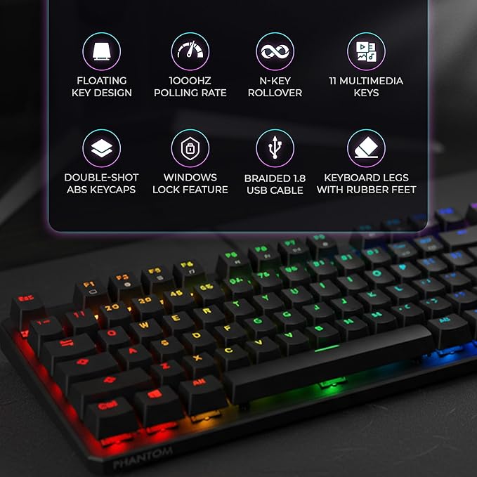 TECWARE Phantom 87 Key RGB Mechanical Gaming Keyboard | Outemu Blue Switch | 16.8M Color LED Lighting | 18 Pre-Set | Low Latency | N-Key Rollover | Software Customizable Keys | Wired USB Connection
