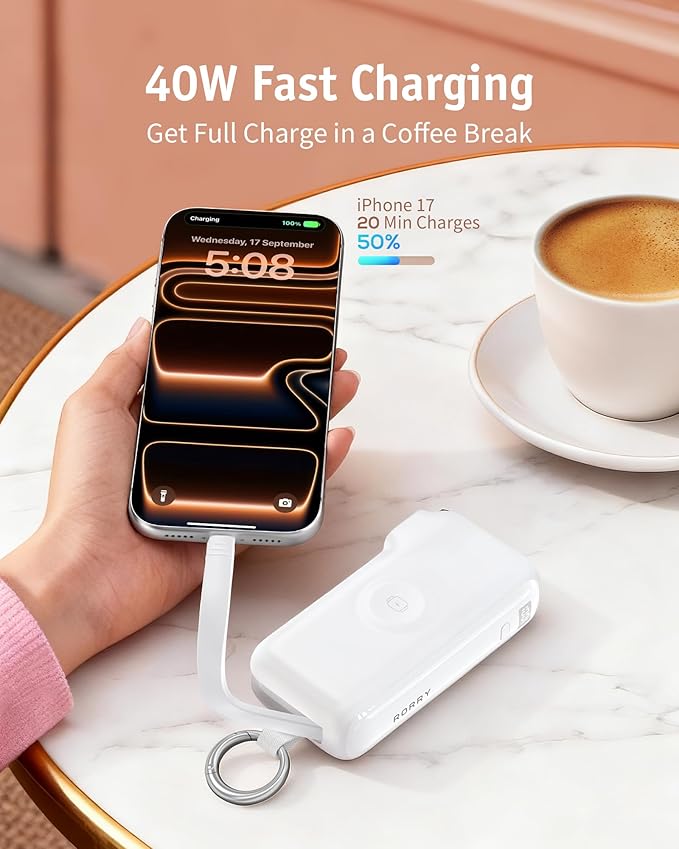 RORRY Flow Portable Charger, 10000mAh 40W Fast Charging Power Bank with Built-in USB C Cable and Foldable Wall Plug, Battery Pack Travel Essentials for iPhone 17/16/15, Apple Watch, iPad, MacBook