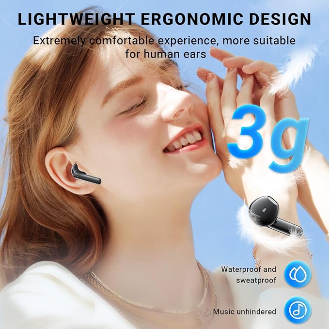 Wireless Earbuds, Bluetooth 5.4 Headphones with 42H Ultralight Ear Buds, Bluetooth Earbuds with 4 ENC Noise Cancelling Mics, HiFi Deep Bass Dual LED Display USB-C, IPX6 Waterproof Earphones Black