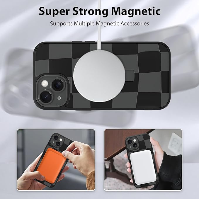 KANGHAR Compatible with iPhone 15 Case, Support for MagSafe, Silicone Checkered Cute Pattern, Wristband Kickstand Camera Protection Soft Slim Cover for Girls Women -Black