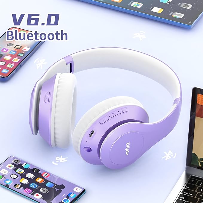 Uliptz Wireless Bluetooth Headphones, 65H Playtime, 6EQ Sound Modes, HiFi Stereo Over Ear Headphones with Microphone, Foldable Bluetooth 6.0 Headphone for Travel/Office/Cellphone/PC (Purple)