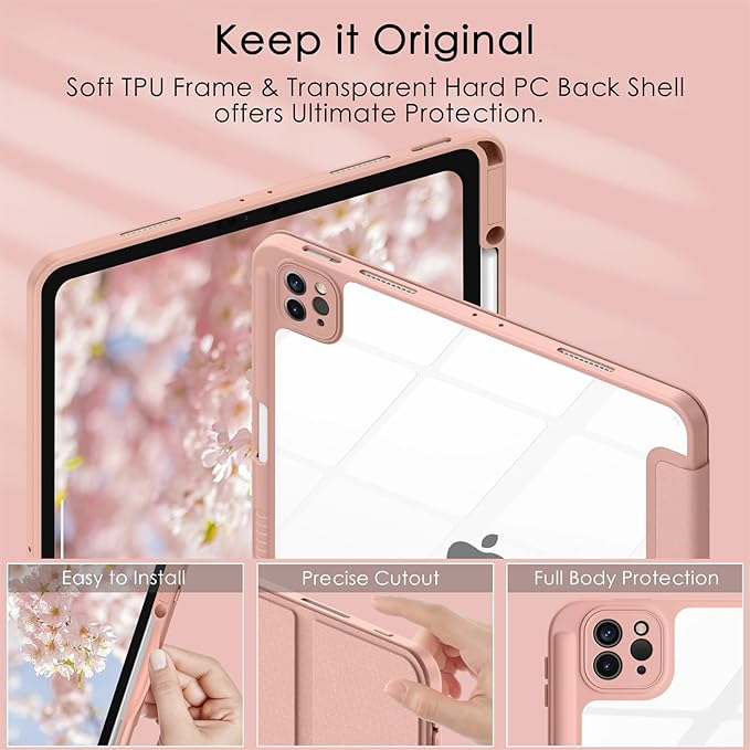 Soke Case for iPad Pro 12.9 Inch (6th/5th/4th/3rd Generation, 2022/2021/2020/2018) - Pencil Holder + Auto Sleep/Wake + Camera Protection, Transparent Shockproof Back Cover,Rose Gold