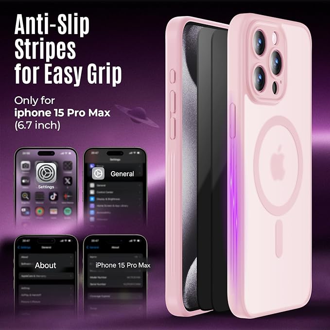 Symcele Designed for iPhone 15 Pro Max Case, Compatible with MagSafe, with Privacy Screen Protectors X2, [Camera Protection] [15FT Military Drop Protection] Shockproof Phone Case, 6.7", Pink
