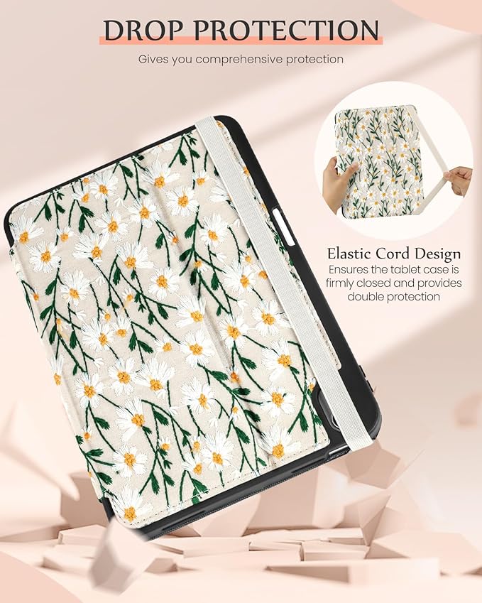 Uppuppy for iPad 10th Generation Case, for iPad (A16) 11th Generation Case - Women Girls Cute Embroidered Folio Stand Cover with Pencil Holder & Card Slot Girly Kawaii Daisy Flowers Aesthetic Cases