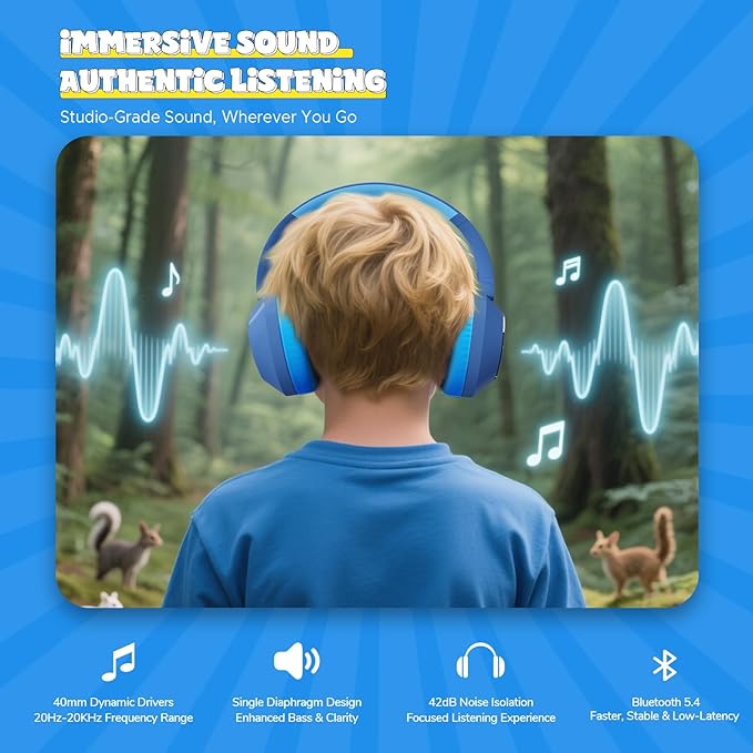 Steellumen Nova1Pro Active Noise Cancelling Headphones for Kids, 3-Level Safe Volume 75/85/94dB, ANC Safe Wireless Listen, Fast Charging, Bluetooth 5.4 with Mic, boy Girl for School, Travel & Airplane