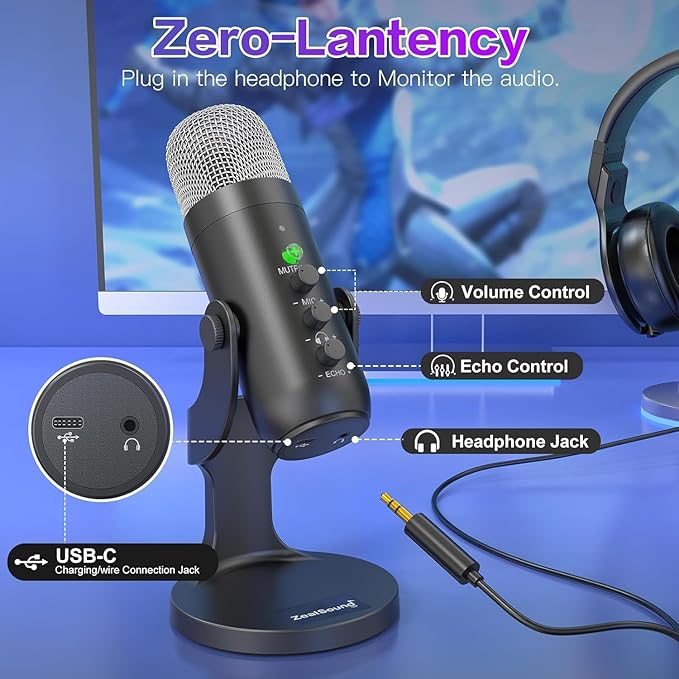 ZealSound Wireless Microphone for PC, Noise Cancellation Podcast Mic with Gain, Mute, Monitor & Echo Control, Cordless Mic for YouTube, ASMR, Podcasting, Streaming, iPhone, iPad, Android, Mac, K66DG