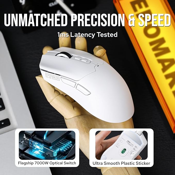 EPOMAKER Click Gaming Mouse Wireless 2.4Ghz/BT/Type-C, 800 to 42,000 DPI Adjustable, 8K Polling Rate, 500mAh, Lightweight Optical Mouse, for PC/Mac/Linux (White)