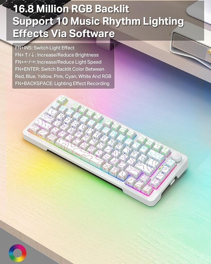 E-YOOSO Topographic RGB Mechanical Keyboard with Knob, 75% Gasket Hot Swappable Custom Gaming Keyboard, Side Printed PBT Keycaps, Tri-Mode Bluetooth/Wireless/Wired 81 Keys Compact Design﻿