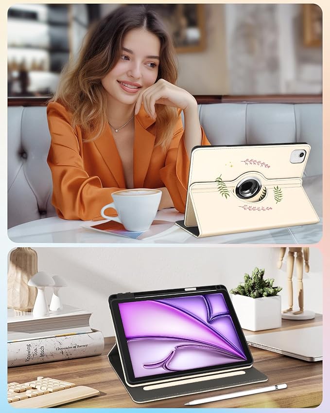 Kidcube for iPad Air 13 Inch Case (M3/M2)/for iPad Pro 12.9 Cases 6th/5th (2022/2021) - Women Girls Kids Cute Rotating Stand Folio Cover with Pencil Holder & Card Slot Design Cool Frog Mushroom Cover