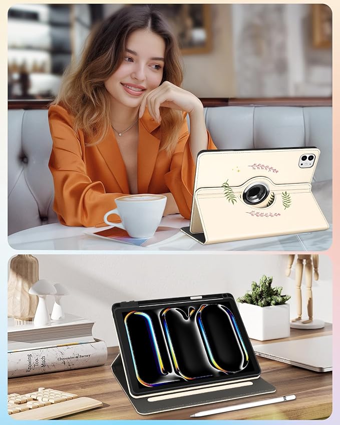 Kidcube for iPad Pro 11 Inch Case M4 2024 5th Generation - Women Girls Cute Rotating Stand Folio Cover with Pencil Holder & Card Slot Cool Frog Mushroom Design for iPad Pro 11'' Case 2024 M4 5th Gen