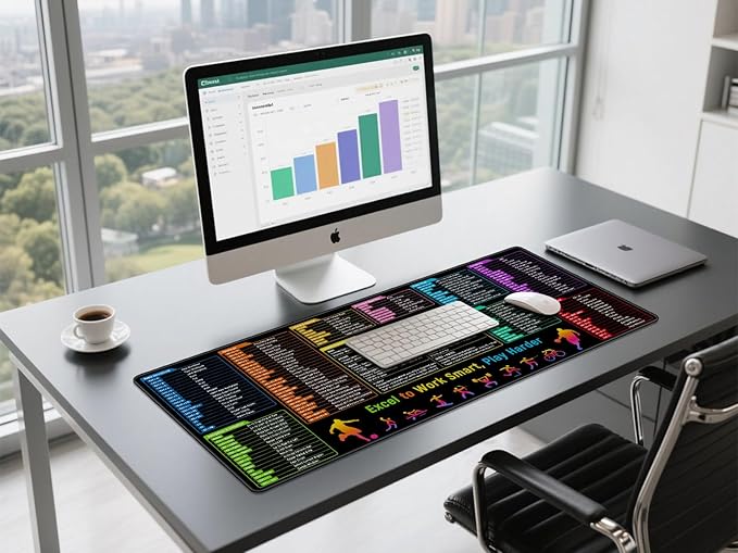Excel Shortcuts Cheat Sheet Desk Pad Mat– 35.4x15.7 Inches Large Mouse Pad with Non-Slip Rubber Base, Quick Reference Guide for Office & Home