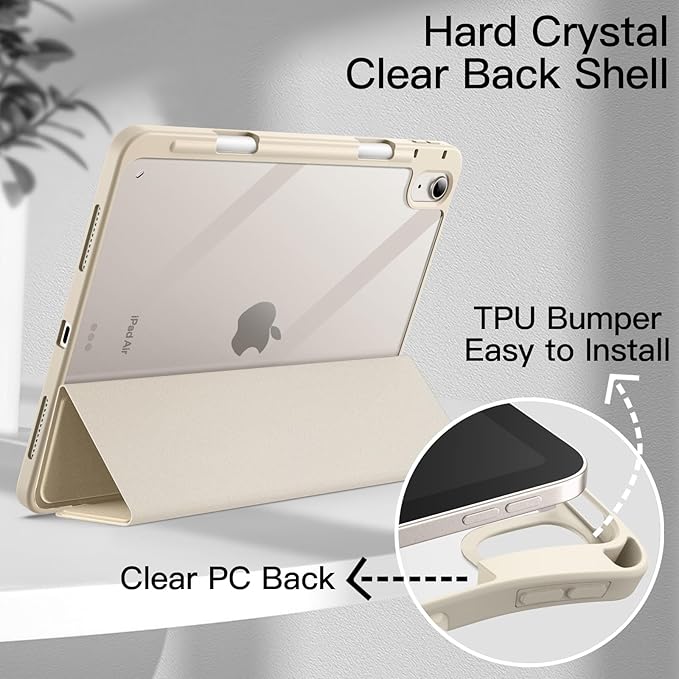 JETech Case ONLY for iPad Air 11-Inch M4/M3/M2 (2026/2025/2024), iPad Air 5/4 (2022/2020 5th/4th) with Pencil Holder, Clear Transparent Back Slim Stand Shockproof Tablet Cover (Starlight)