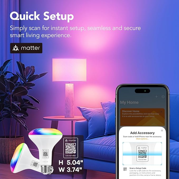 OREiN Matter Smart Light Bulb, BR30 Smart Bulbs with Remote 650LM 60W, Recessed Color Changing Bulbs RGBTW, Smart Flood Light Bulb Compatible with Alexa, Apple Home, Google Home, SmartThings, 4Pack