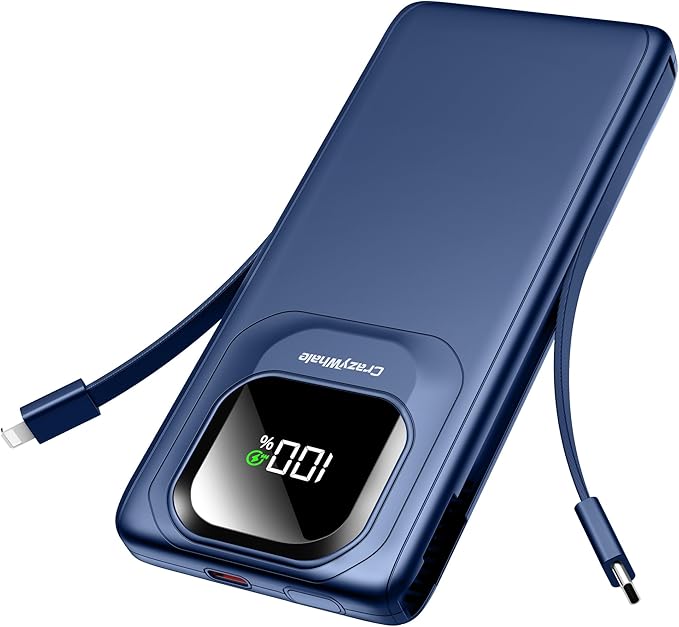 Portable Charger with Built-in Cables,22.5W Super Fast Charging Power Bank Slim Phone Charger,10000mAh Travel Battery Pack Battery Bank with Smart LED Display for iPhone, Android & USB-C (Blue)