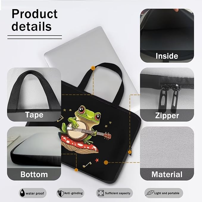 17 Inch Mushroom Frog Laptop Sleeve, Protective Tablet Case with Handle, Water Resistant Zipper Computer Carrying Bag Notebook Cover Messenger Briefcase for Travel/Business/School