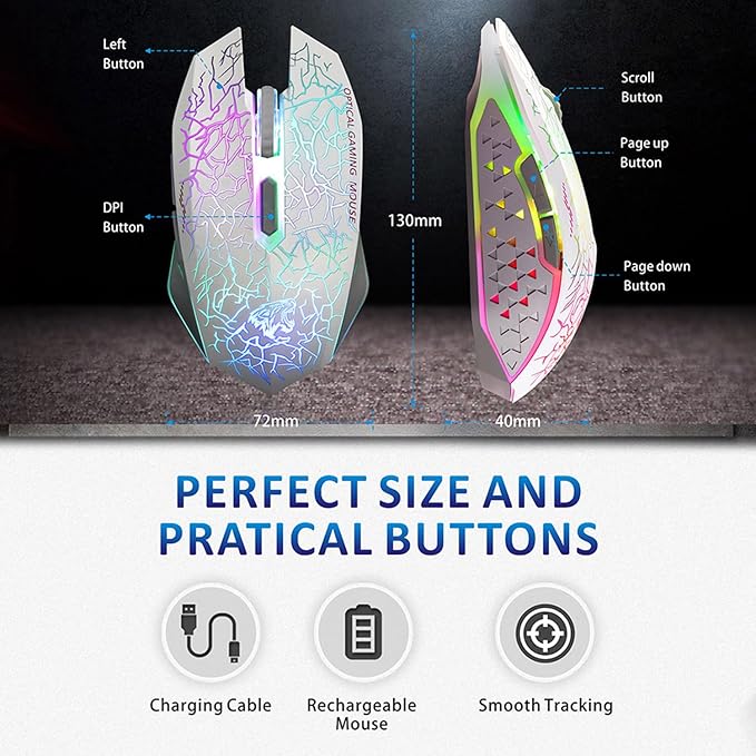 TENMOS M2 Wireless Gaming Mouse, Silent Rechargeable Optical USB Computer Mice Wireless with 7 Color LED Light, Ergonomic Design, 3 Adjustable DPI for Laptop/PC/Notebook, 6 Buttons (White)