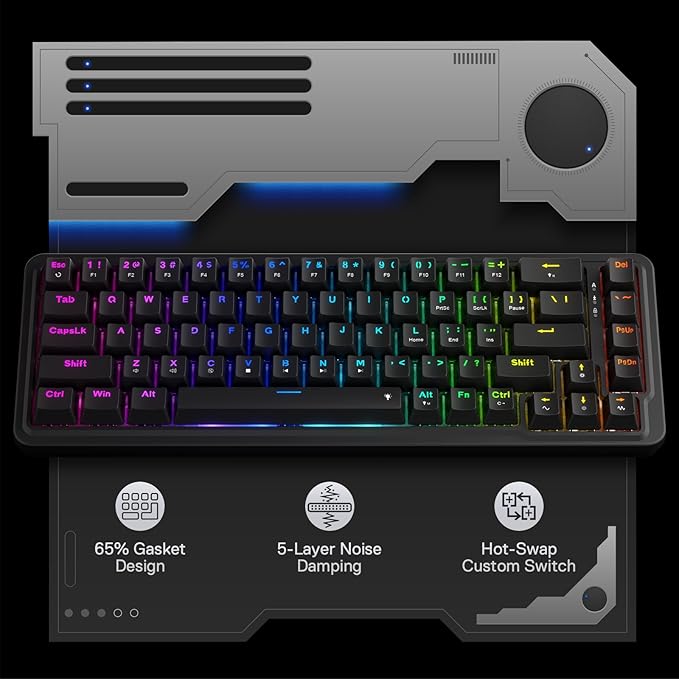 Redragon K709 65% Wired Gasket RGB Gaming Keyboard, 68 Keys Hot-Swap Compact Mechanical Keyboard w/Free-Mod Socket, 3-Layer Noise Dampening & Dedicated Arrow Keys, Quiet Custom Linear Switch