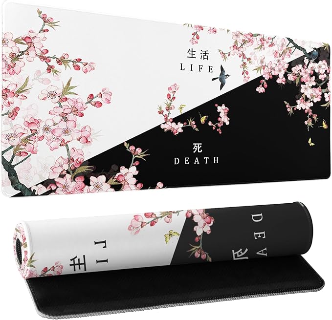 Black and White Cherry Blossom Gaming Mouse Pad XL，Extended Large Mouse Mat Desk Pad,Japanese Pink Sakura Death Life Long Non Slip Rubber Base Mice Pad 31.5 X 11.8 Inch