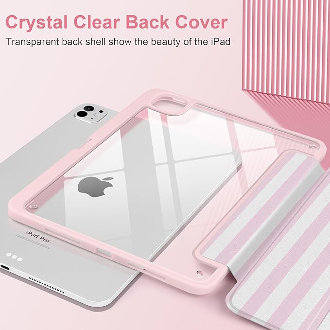 Case for iPad Pro 11 inch (M5) 2025 (M4) 2024 Release with Pencil Holder -Cute Pink White Striped Trifold Cover with Clear Back Auto Sleep/Wake, Aesthetic Soft Protective Skin for Girls Women