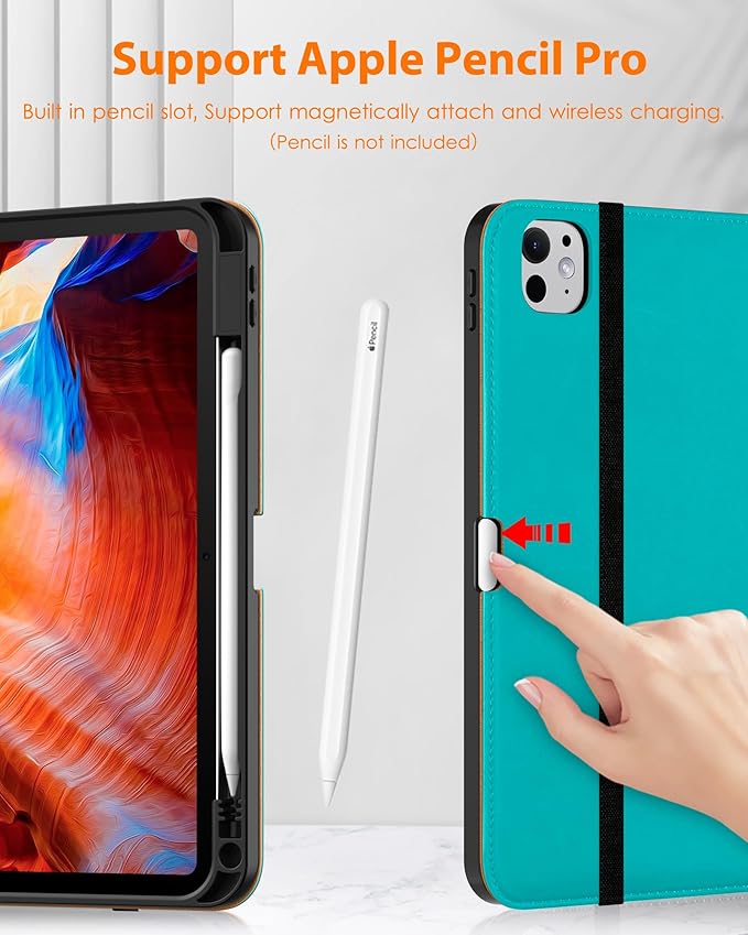 DTTO for iPad Pro 11 inch Case (M5/M4) 2025/2024, Premium Leather Business Folio Stand Cover with Pencil Holder - Auto Wake/Sleep and Multiple Viewing Angles, Cyan Blue