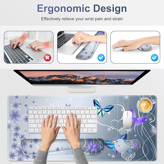 Cute Butterfly Desk Mat, Florals 4 in1 Large Gaming Mouse Pad Set, Ergonomics Keyboard Pad with Memory Foam Wrist Rest, Extended Game Mousepad Non-Slip Desk Protector Matt Easy Typing Pain Relief