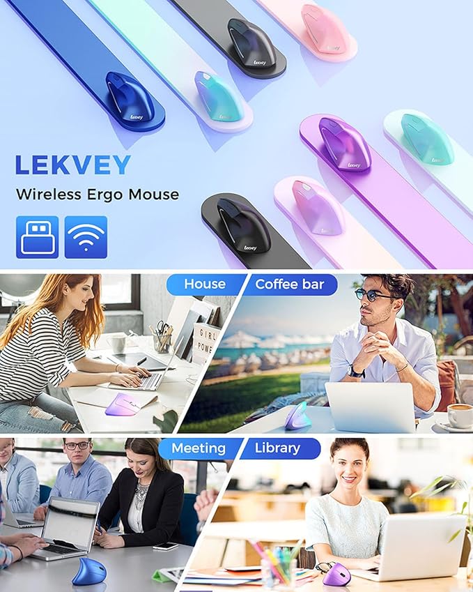 Lekvey Ergonomic Mouse, Vertical Wireless Mouse Rechargeable 2.4G USB Optical Carpal Tunnel Mice : 3 DPI 800/1200/1600 Levels 6 Buttons, for Laptop, PC, Mac, Computer, Desktop, Notebook etc, Blue